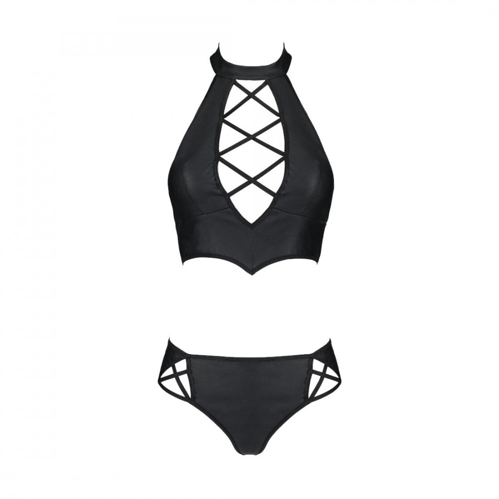 Эротические комплекты - Комплект из экокожи Passion Nancy Bikini 4XL/5XL black, бра и трусики с имитацией шнуровки 2