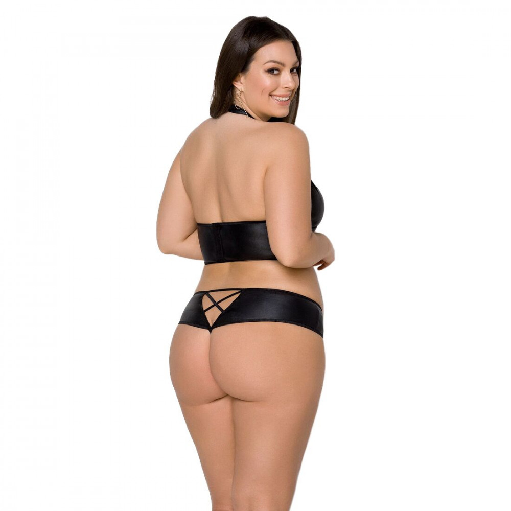 Эротические комплекты - Комплект из экокожи Passion Nancy Bikini 4XL/5XL black, бра и трусики с имитацией шнуровки 3