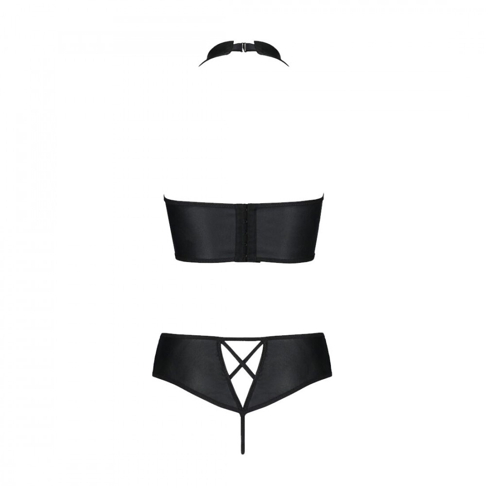 Эротические комплекты - Комплект из экокожи Passion Nancy Bikini 4XL/5XL black, бра и трусики с имитацией шнуровки 1