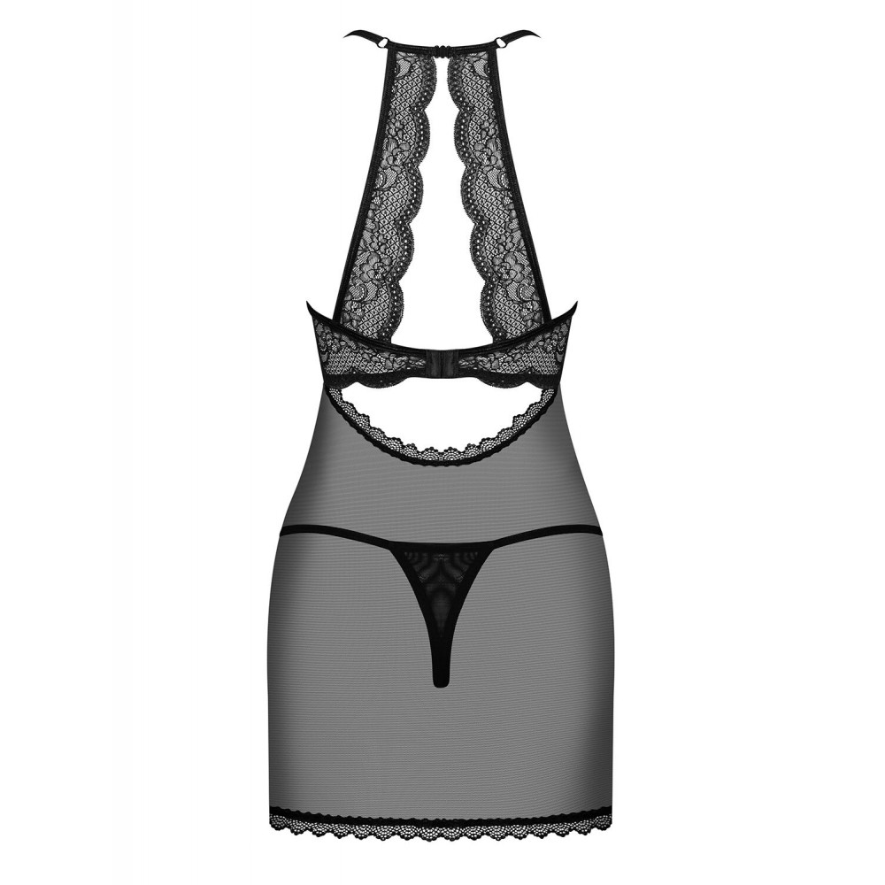 Эротические пеньюары и сорочки - Прозрачная сорочка с открытой грудью Obsessive Pearlove chemise & thong black S/M, трусики 2