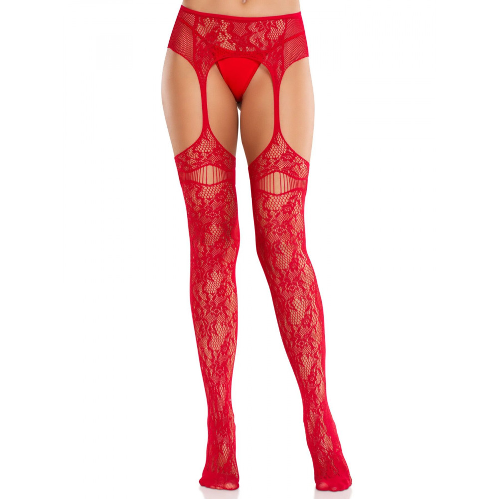 Чулки - Колготки Leg Avenue Net Stockings with Attached Garter Belt One Size Red 3