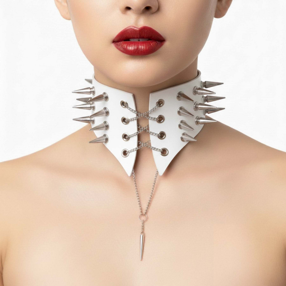  - Чокер-комір з шипами Art of Sex - Ariadne, екошкіра, колір білий, L-2XL 1