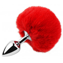 Анальная пробка с хвостом EGZO - Bunny Tail Silver Plug Red, size S