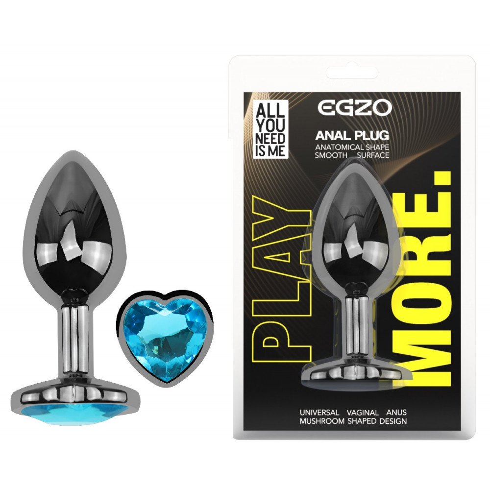 Анальные игрушки без вибрации - Анальная пробка с кристаллом EGZO - Dark Silver Heart Plug Aqua size S