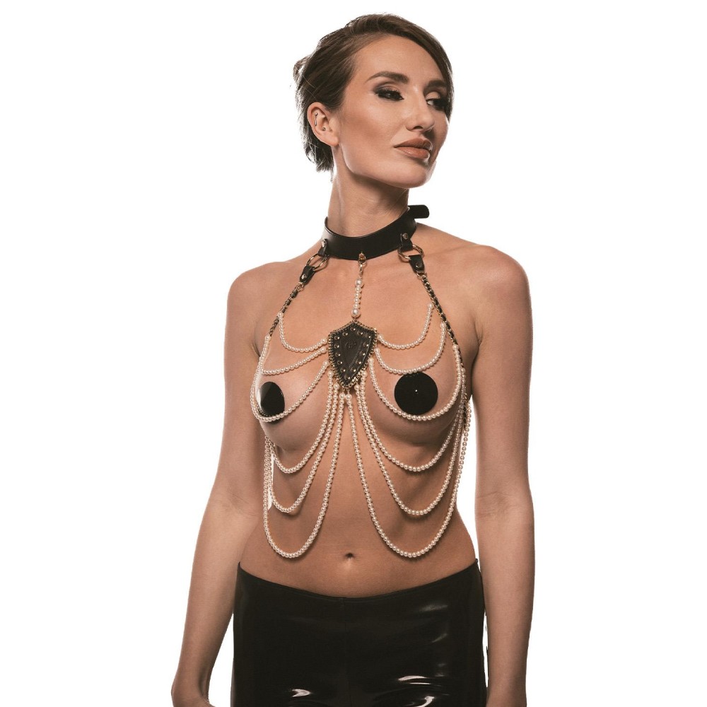  - Нашийник з перловим намистом BDSM Guilty Pleasure Pearl, 6 рядів, на зав'язках