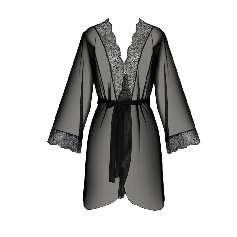 Эротические пеньюары и сорочки - Пеньюар Passion Amberly Peignoir 4XL/5XL black, ажурные декольте и манжеты, широкие рукава 2