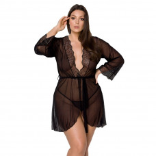 Пеньюар Passion Amberly Peignoir 4XL/5XL black, ажурные декольте и манжеты, широкие рукава