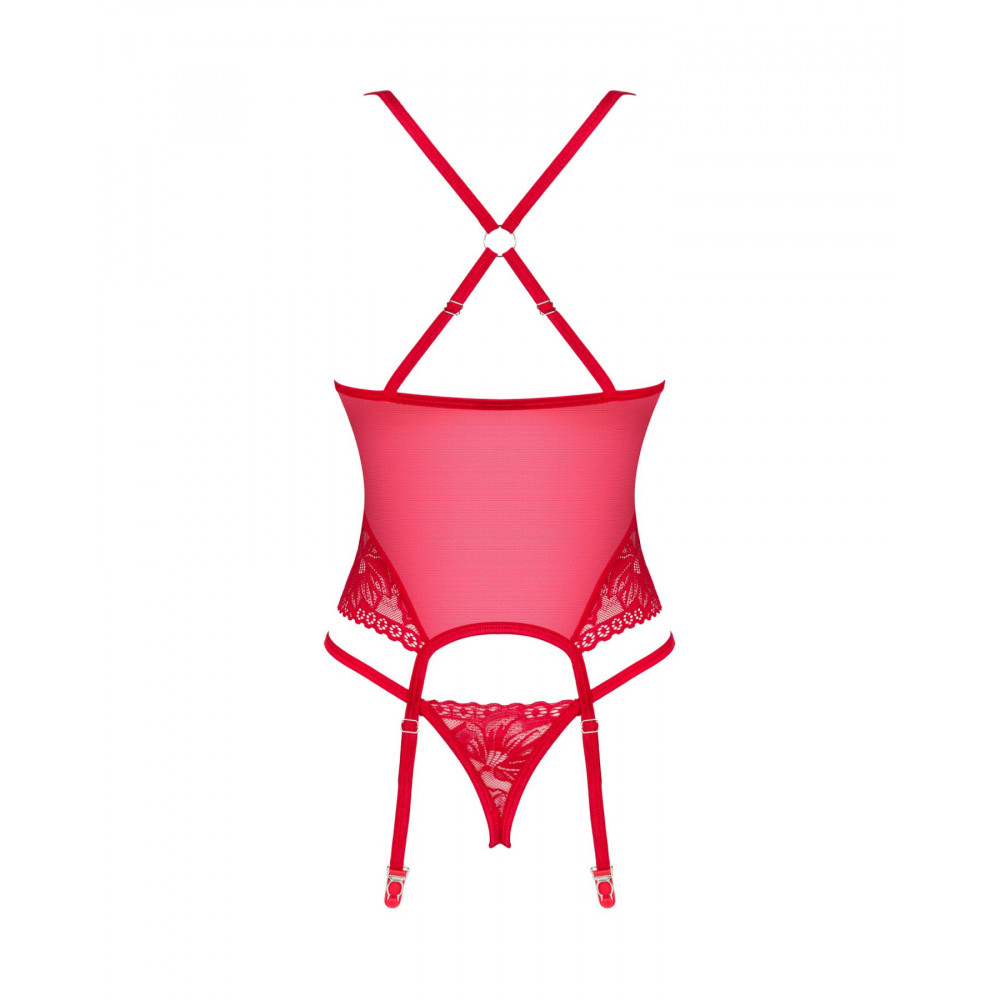 Эротические корсеты - Прозрачный корсет Obsessive Lacelove corset XL/2XL Red, кружево, подвязки для чулок 4