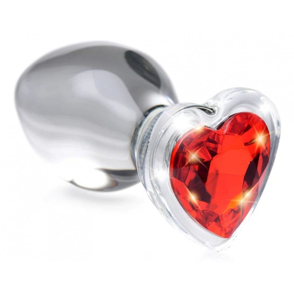 Анальные игрушки - Анальная пробка со стразом Red Heart Glass Anal Plug With Gem стеклянная, Medium