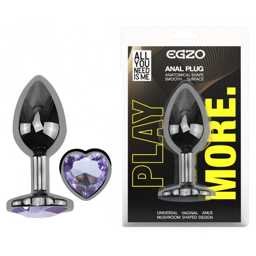 Анальные игрушки без вибрации - Анальная пробка с кристаллом EGZO - Dark Silver Heart Plug Amethyst size S