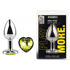 Анальна пробка з кристалом EGZO - Silver Heart Plug Lime size M