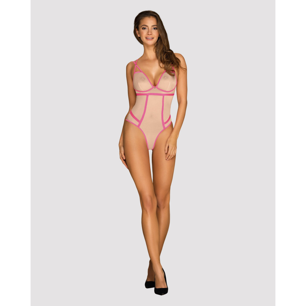 Разное - Боди телесный Obsessive Nudelia с розовой отделкой, S/M 2