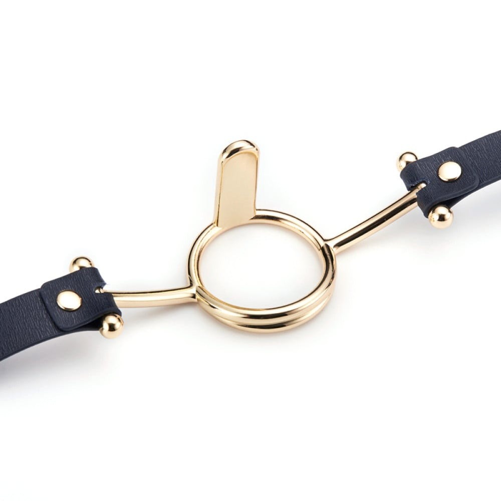 Різне - Кляп чорний Roomfun Romfun Mouth Gag M із золотим кільцем для притискання язика 2