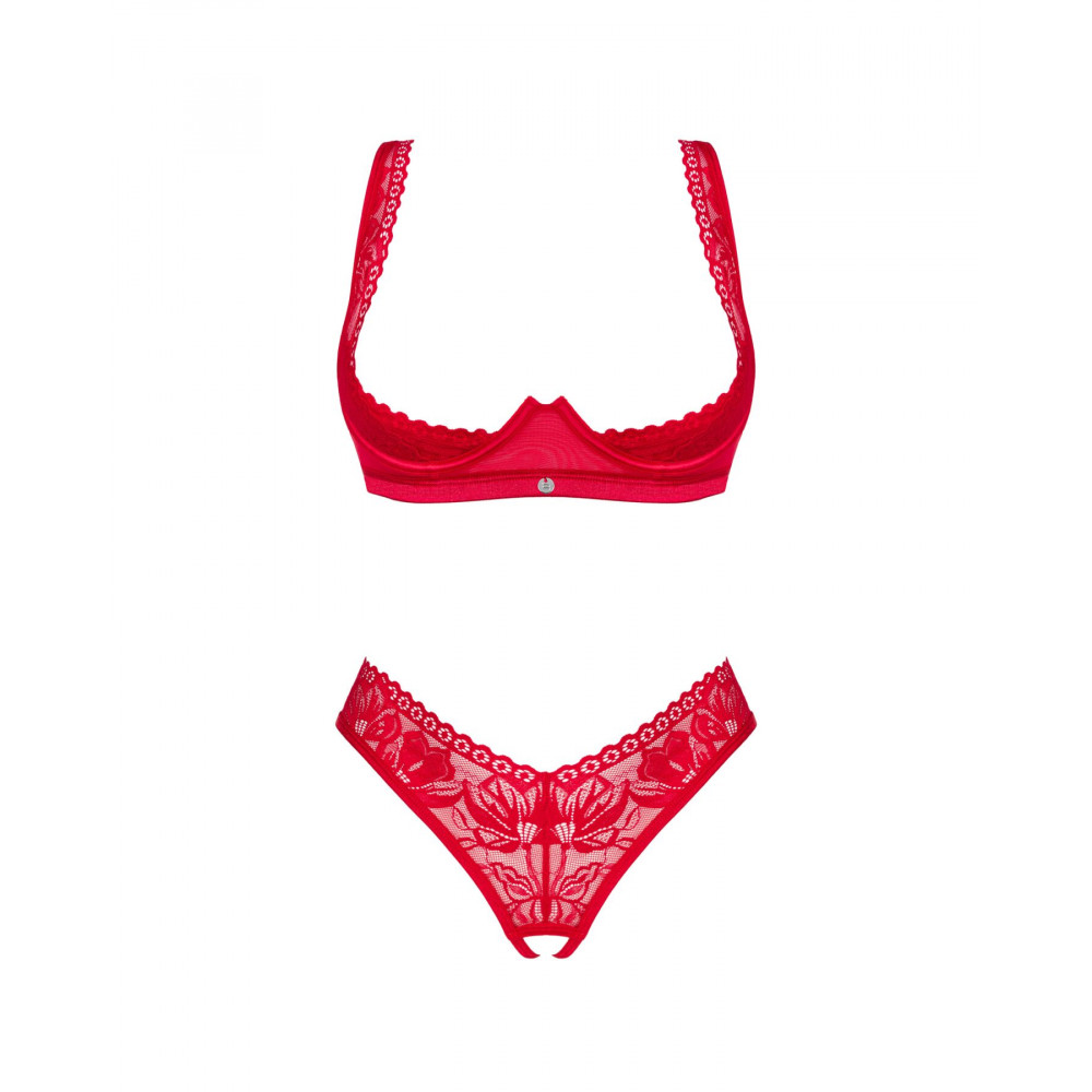 Эротические комплекты - Комплект белья Obsessive Lacelove cupless 2-pcs set XS/S Red, открытый доступ, открытая грудь 5