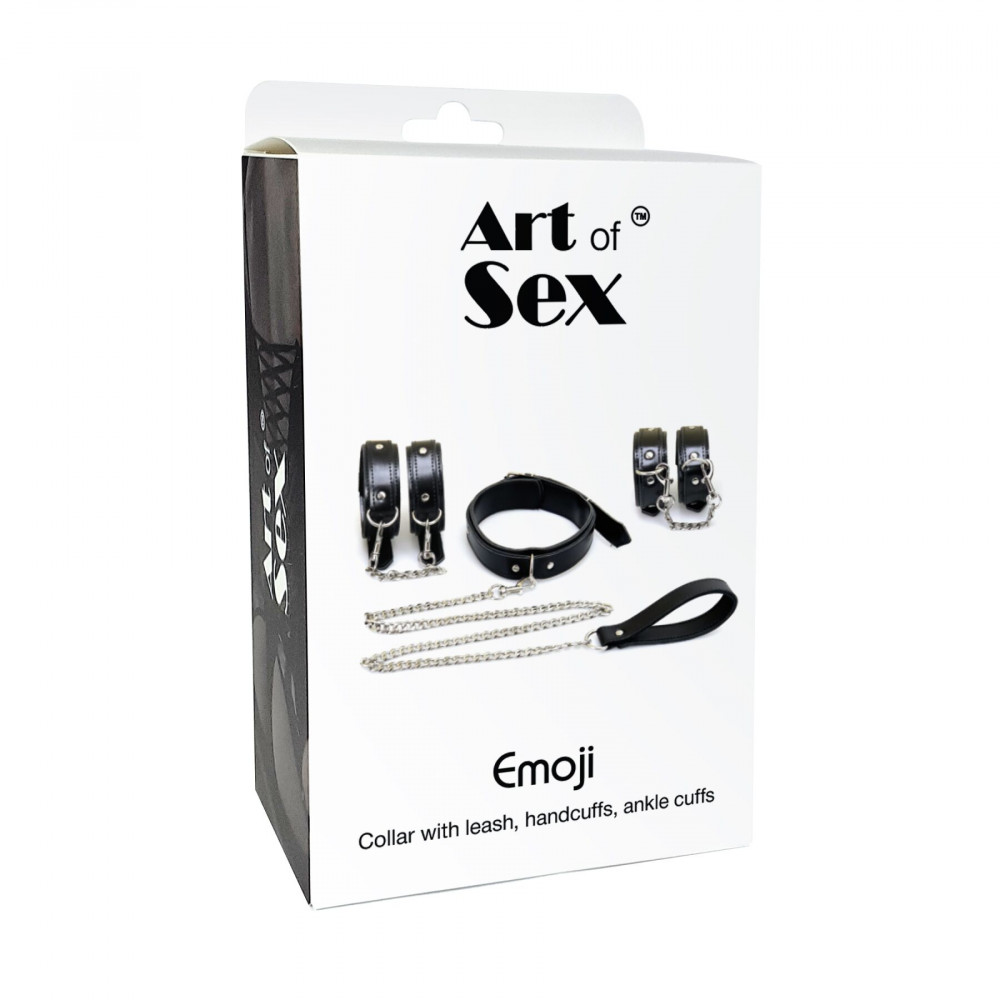 Наборы для БДСМ - Набор BDSM Art of Sex - Emoji, наручники, поножи, ошейник с поводком, экокожа, черный 1