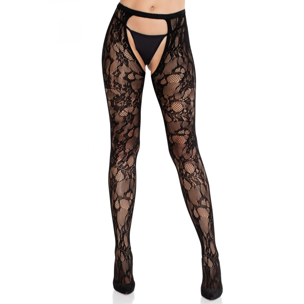 Чулки - Колготки Leg Avenue Rose Lace Crotchless Tights with Open One Size Black