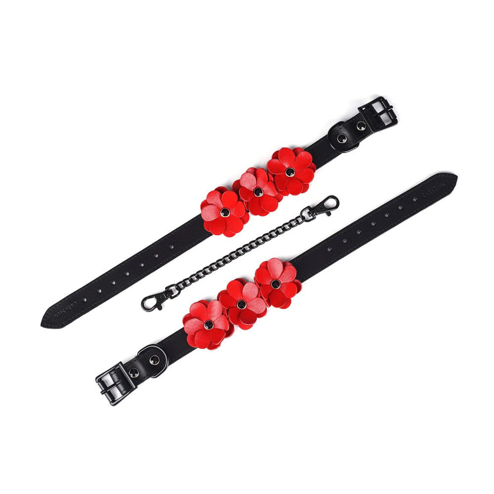 Наручники та обмеження - Поножі Liebe Seele Flower Rhythm - Black and Red Leather Flowers Hand Cuffs 1