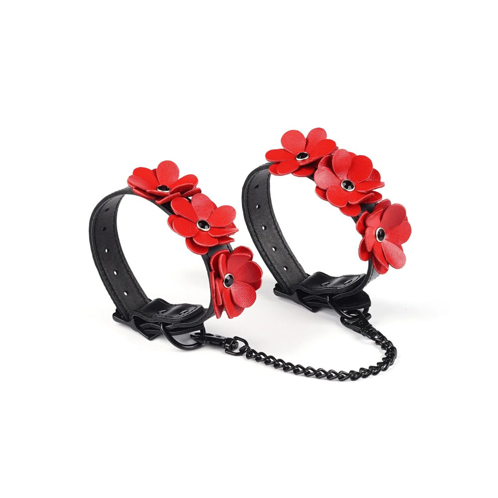 Наручники та обмеження - Поножі Liebe Seele Flower Rhythm - Black and Red Leather Flowers Hand Cuffs