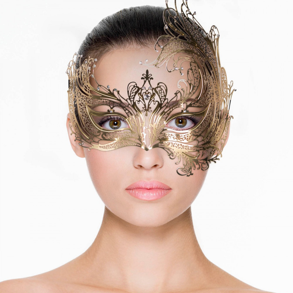 Эротическое белье - Венецианская маска с завитками металлическая, с камнями, золотистого цвета
