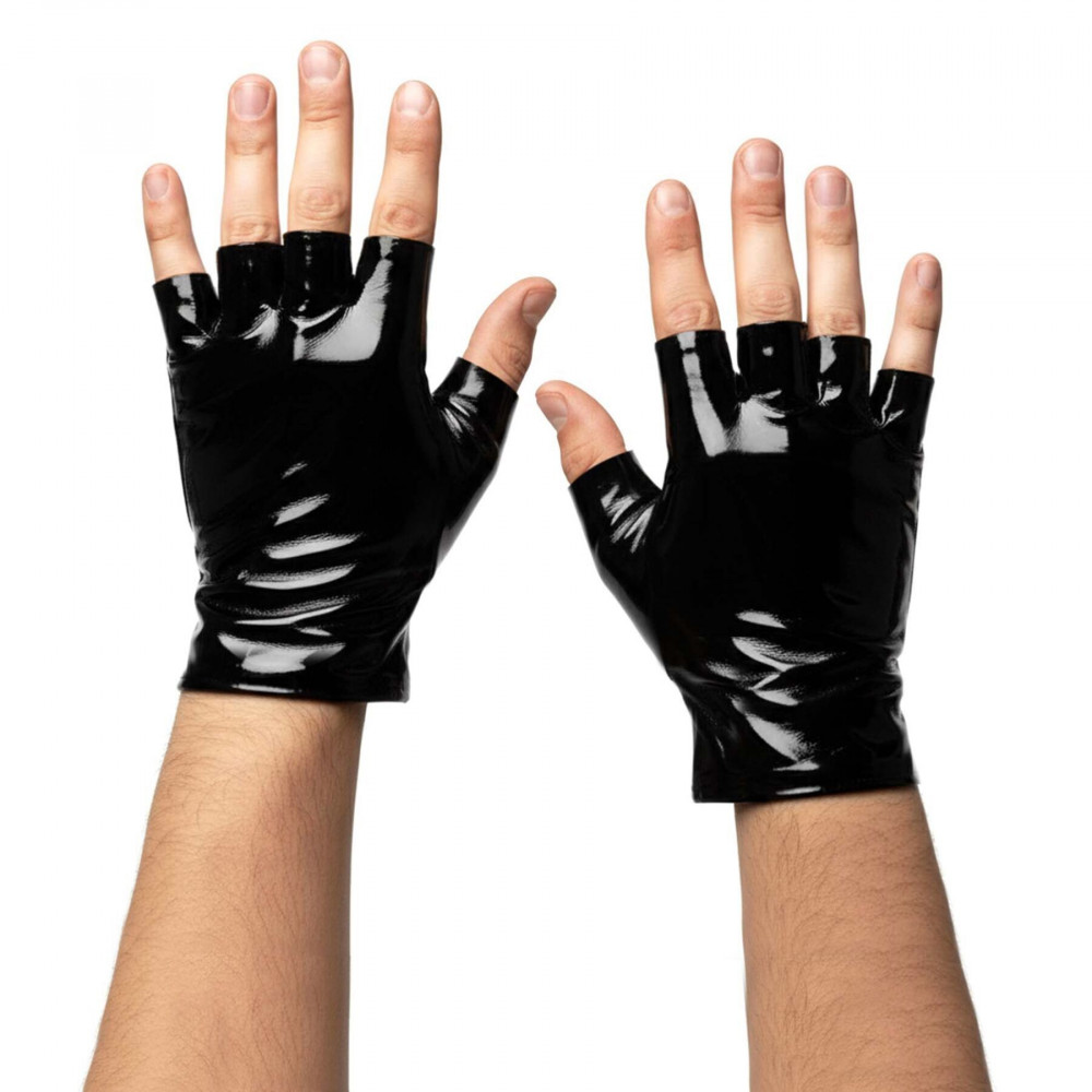  - Лаковані чоловічі рукавички без пальців Art of Sex - Jeyson, колір чорний, розмір L