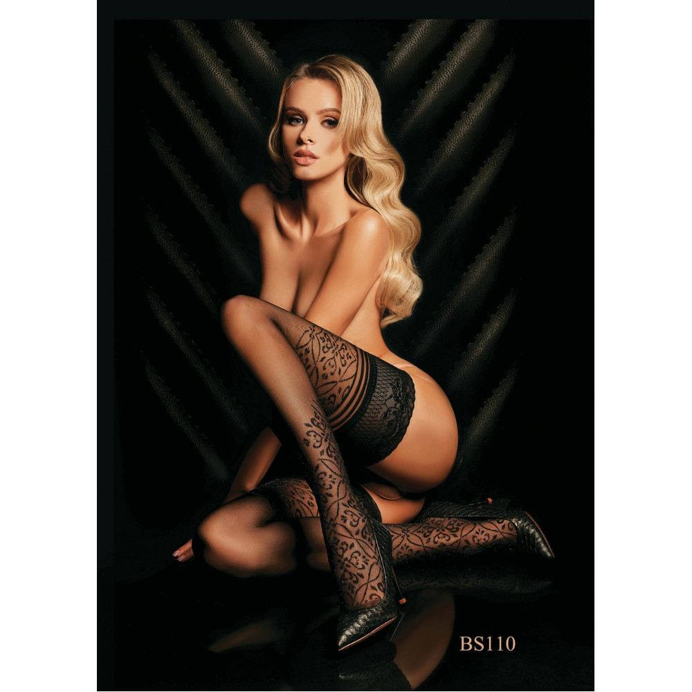 Різне - Панчохи чорні Ballerina's Secret з мереживом на силіконовій стрічці та візерунками по всій довжині, S/M