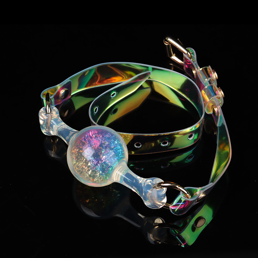 Повязки на глаза, кляпы, зажимы - Кляп-шарик прозрачный UNIVIBE с разноцветным камнем, силиконовый 1