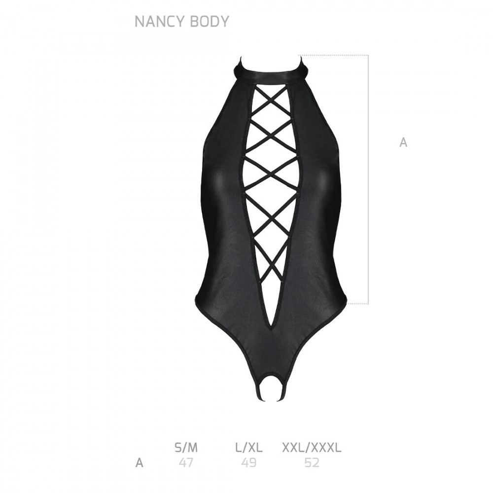 Эротическое боди - Боди из эко-кожи с имитацией шнуровки и открытым доступом Nancy Body black L/XL - Passion 1