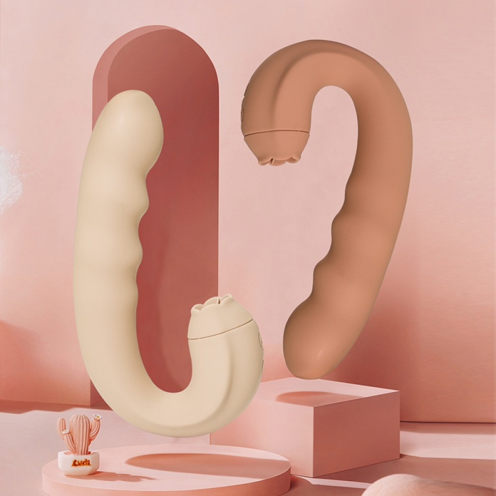 Вибратор-кролик - Вибратор с клиторальным стимулятором-язычком Sweet Em, бежевый, 15.8 х 8.7 х 4.1 см 4