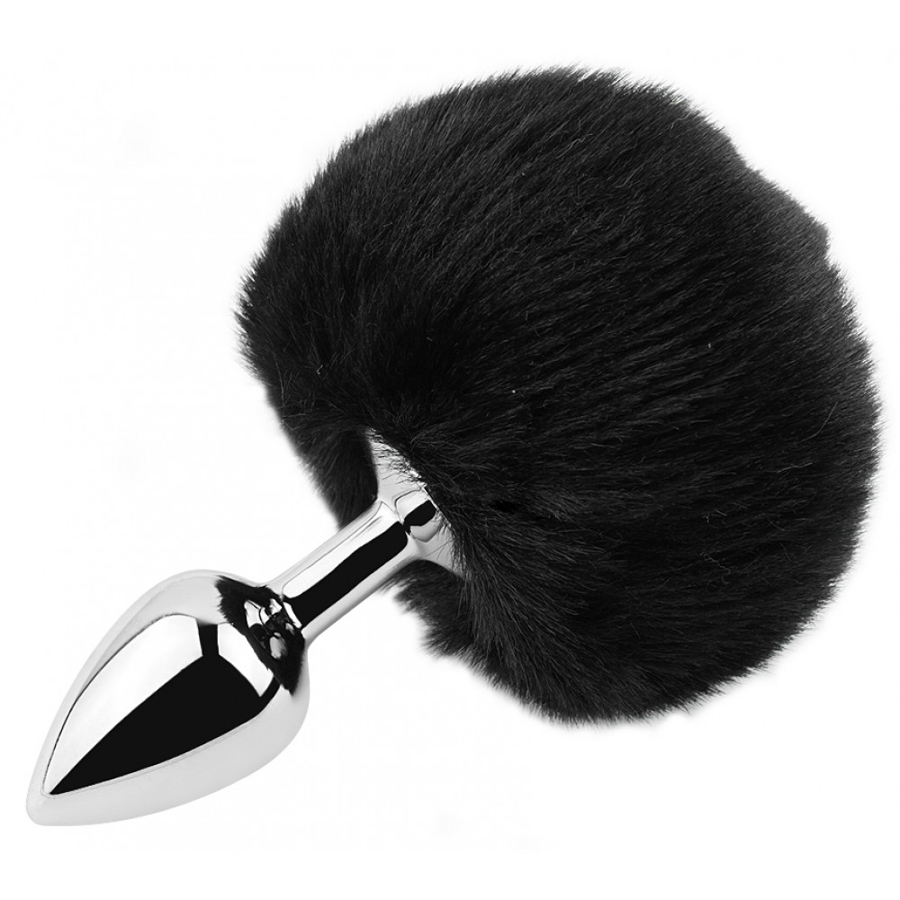 Анальные игрушки без вибрации - Анальная пробка с хвостом EGZO - Bunny Tail Silver Plug Black, size S