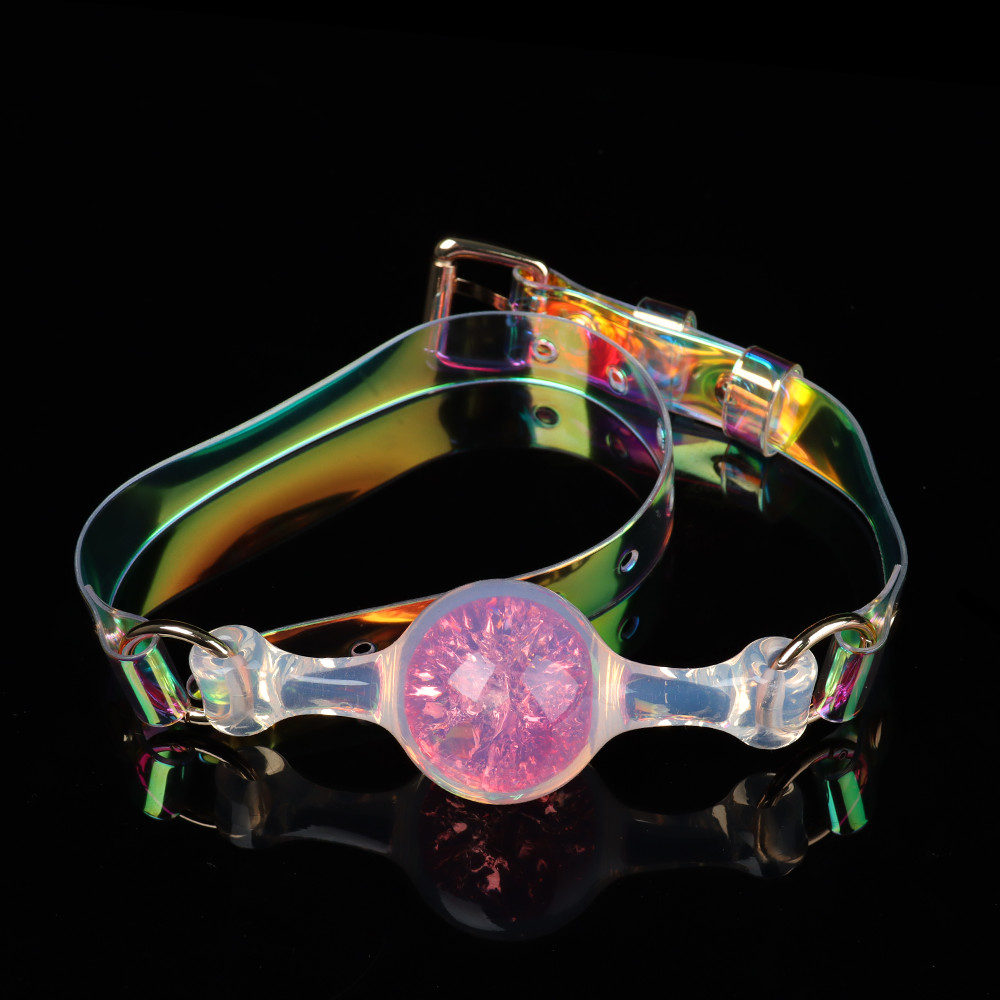 Повязки на глаза, кляпы, зажимы - Кляп-шарик прозрачный UNIVIBE с розовым камнем, силиконовый 1