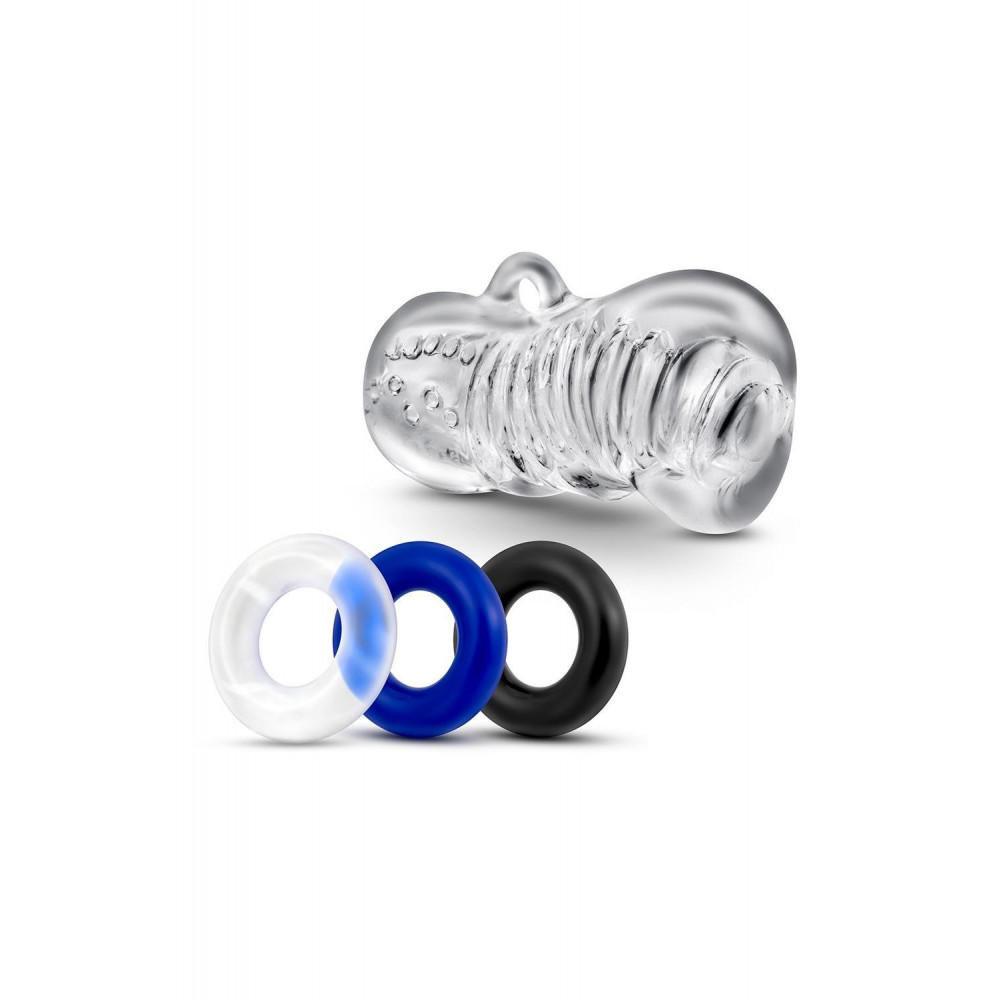 Мастурбаторы без вибрации - Набор мастурбатор и 3 эрекционных кольца Blush Quickie kit прозрачный