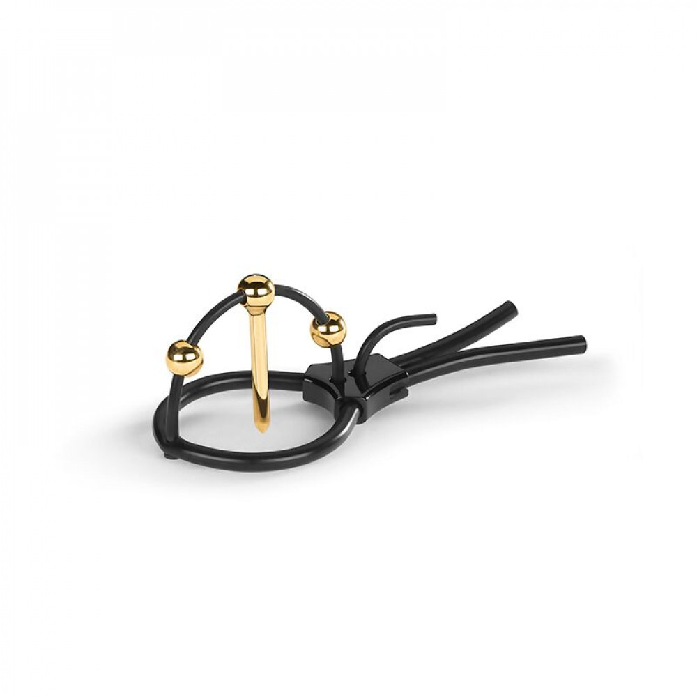 Різне - Утяжка для пеніса Mystim Plunging Pete, позолочена, з двома кульками і коротким уретральним зондом