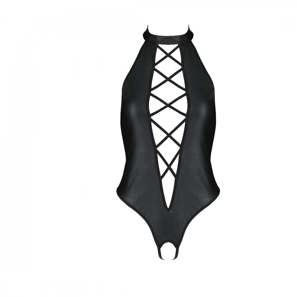 Женское эротическое белье - Боди из эко-кожи с имитацией шнуровки и открытым доступом Passion NANCY BODY S/M, black 2