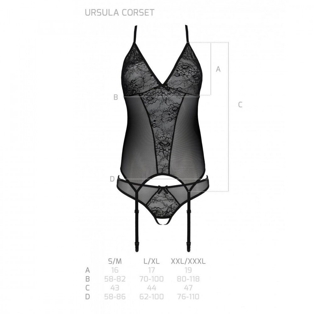 Эротические корсеты - Корсет с пажами, трусики с ажурным декором и открытым шагом Ursula Corset black L/XL — Passion 1