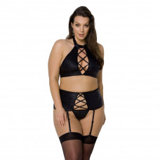 Комплект из экокожи Passion Nancy Set 4XL/5XL black, имитация шнуровки, топ, пояс для чулок