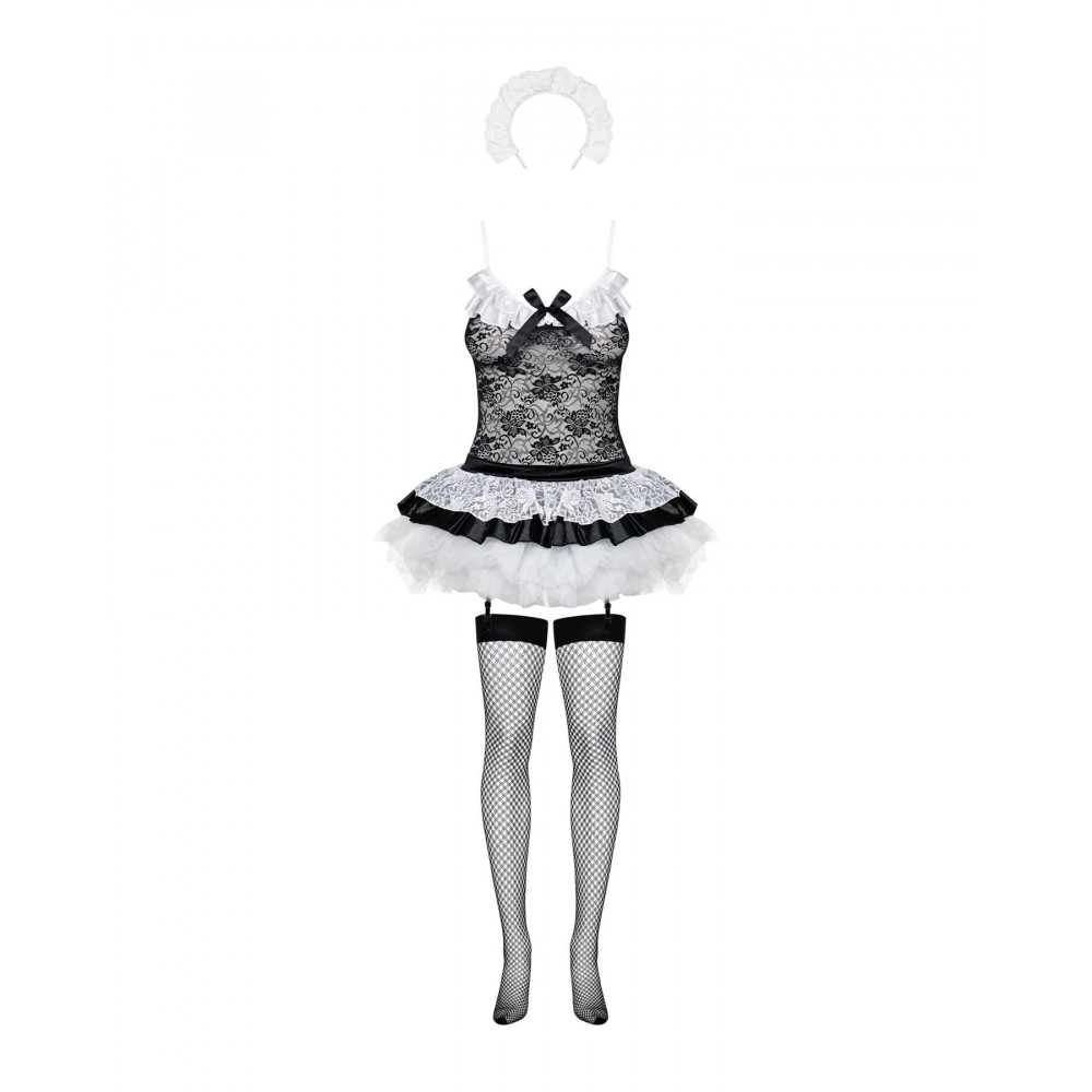 Эротические костюмы - Эротический костюм горничной с юбкой Obsessive Housemaid 5 pcs costume S/M, black, топ, юбка, стринг 5