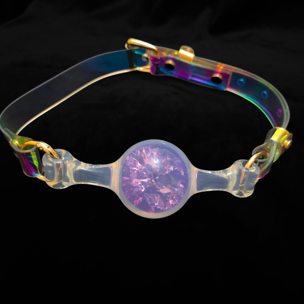 Повязки на глаза, кляпы, зажимы - Кляп-шарик прозрачный UNIVIBE с фиолетовым камнем, силиконовый 4