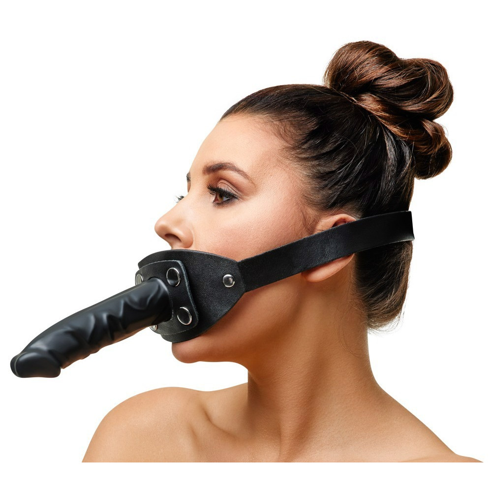 БДСМ игрушки - Кляп ZADO с регулируемым черным кожаным ремешком на голову и съемным внешним фаллоимитатором