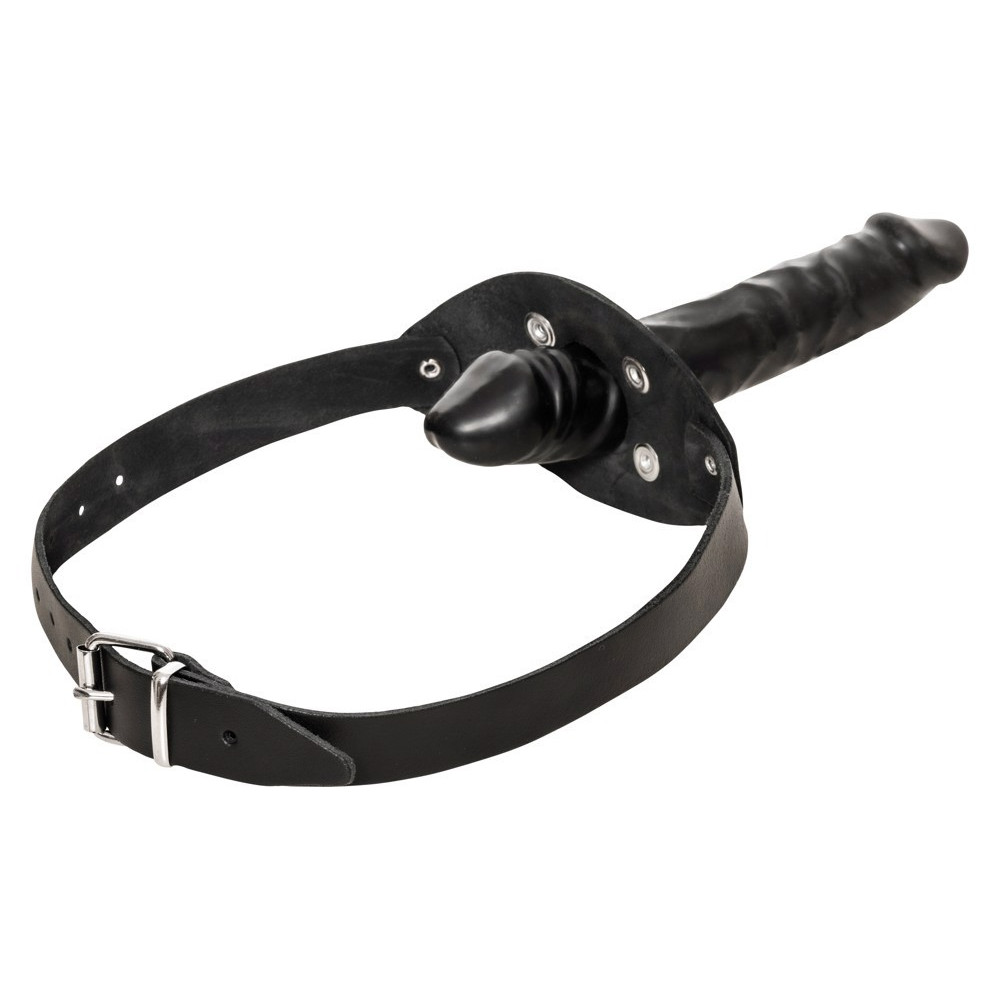 БДСМ игрушки - Кляп ZADO с регулируемым черным кожаным ремешком на голову и съемным внешним фаллоимитатором 2
