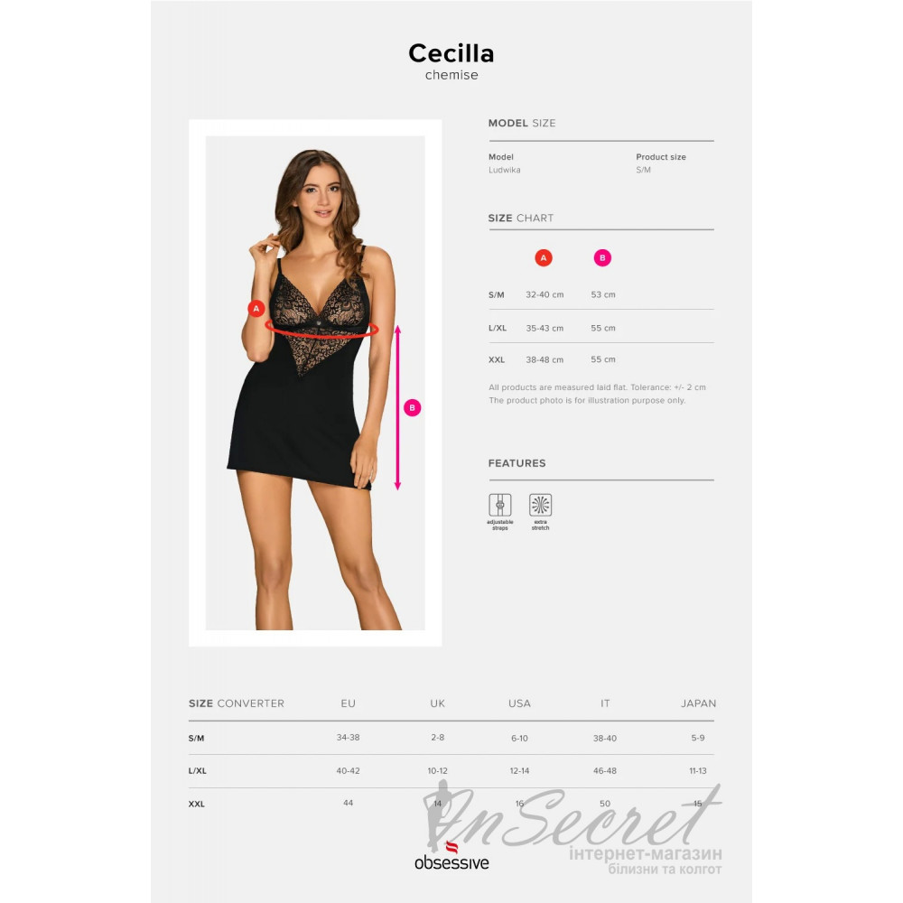 Эротическое белье - Комплект Obsessive Cecilla сорочка и стринги S/M 1