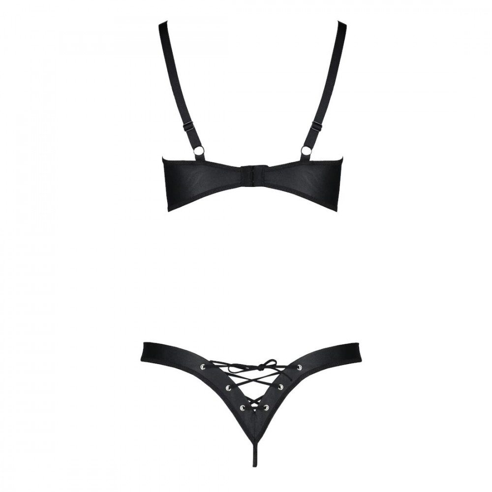 Эротические комплекты - Комплект из экокожи Passion Celine Bikini 4XL/5XL black, открытый бра, стринги со шнуровкой 1