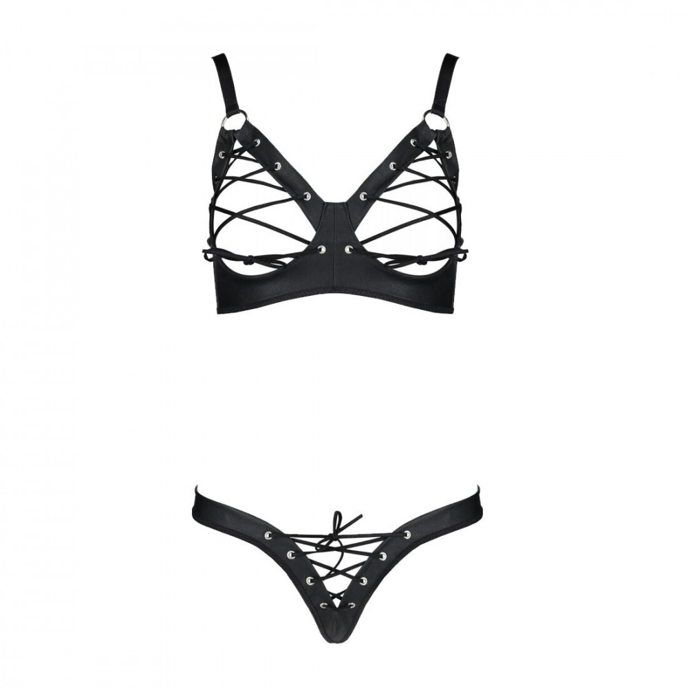 Эротические комплекты - Комплект из экокожи Passion Celine Bikini 4XL/5XL black, открытый бра, стринги со шнуровкой 2