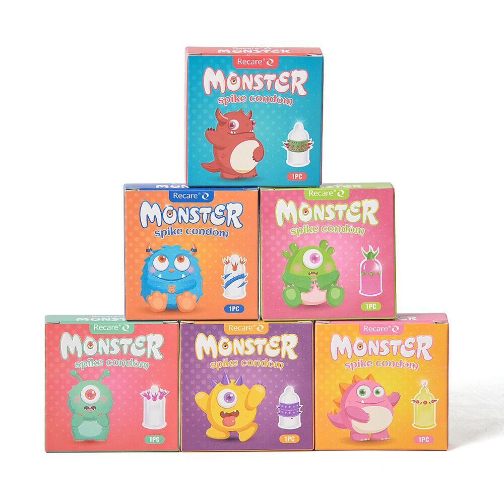 Эрекционные кольца без вибрации - Насадка на член Recare Pink Monster Spike Condom (презерватив с шариками и усиками) 9