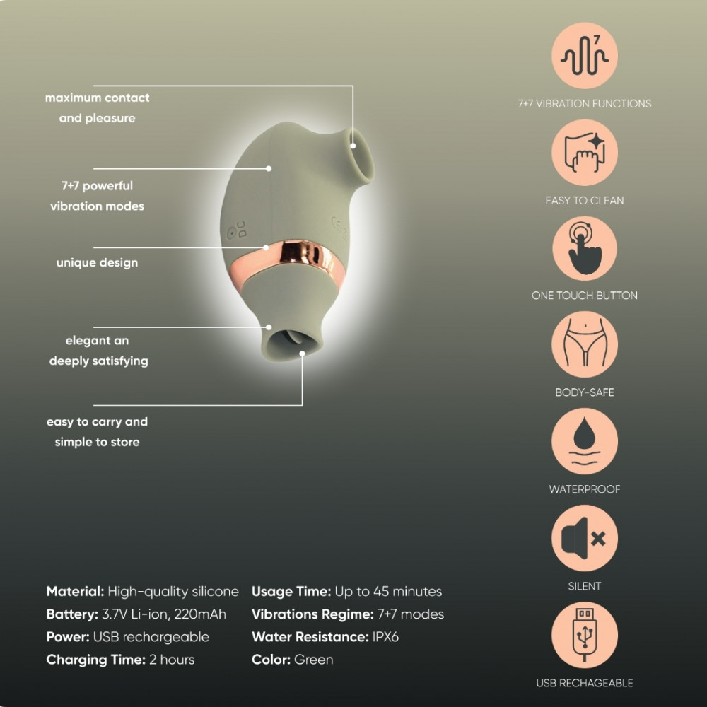 Вибратор-кролик - Вакуумный стимулятор клитора с функцией лизания (подвижный язычек) Sweet Em Velvet Lure, зеленый USB 9