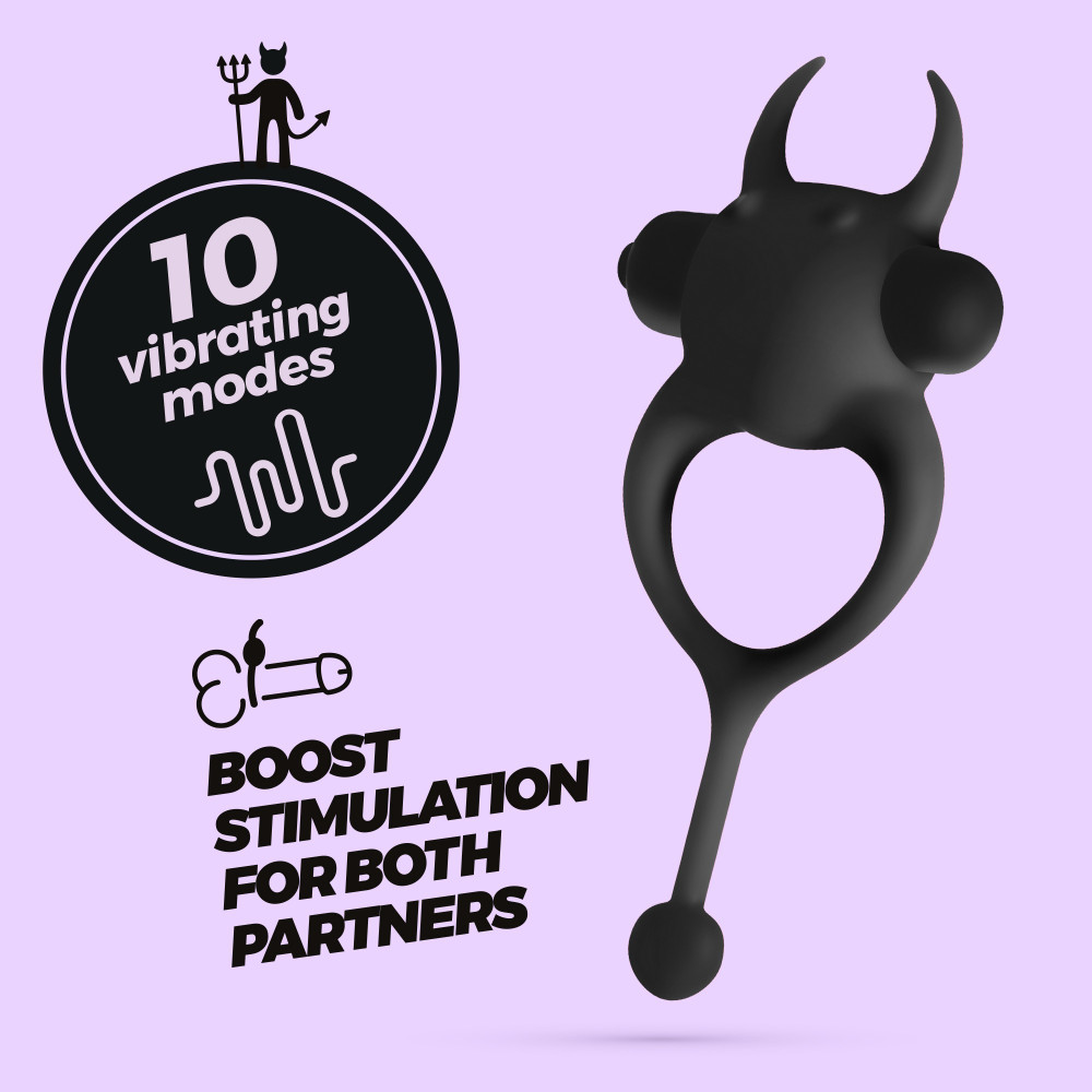Эрекционные кольца с вибрацией - Виброкольцо CRUSHIOUS Daemon с рожками и хвостиком, 10 режимов, чёрное 4