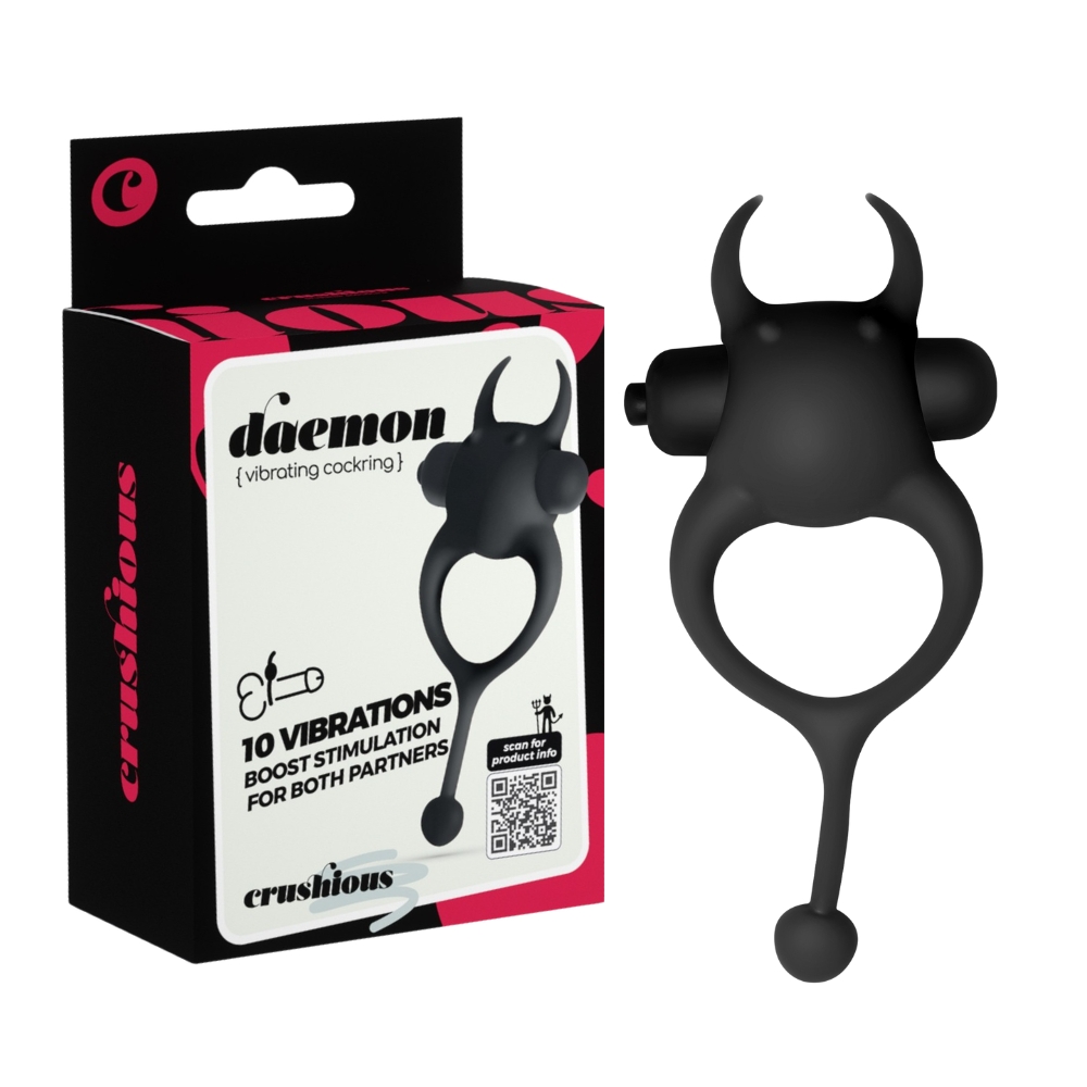 Эрекционные кольца с вибрацией - Виброкольцо CRUSHIOUS Daemon с рожками и хвостиком, 10 режимов, чёрное