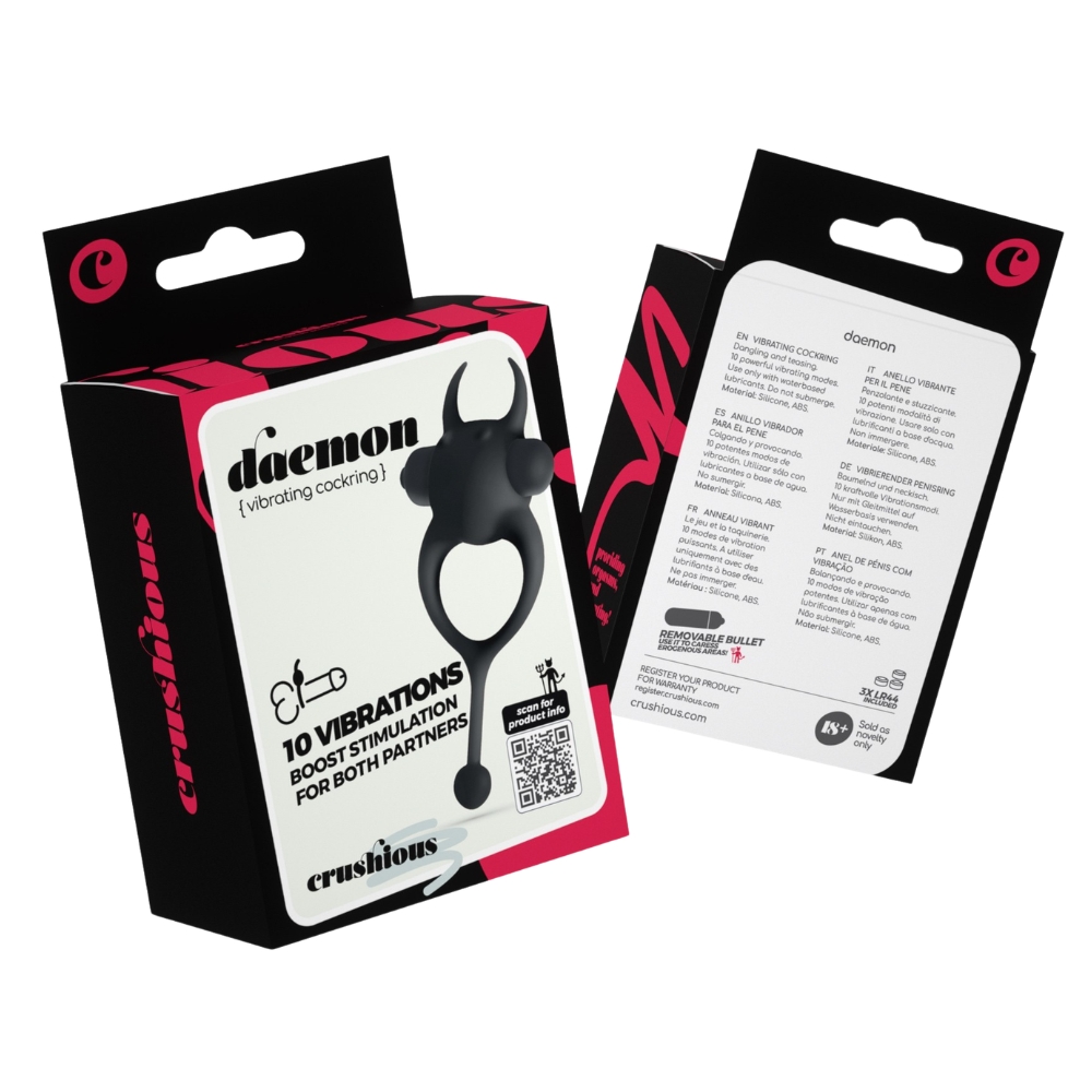 Эрекционные кольца с вибрацией - Виброкольцо CRUSHIOUS Daemon с рожками и хвостиком, 10 режимов, чёрное 11