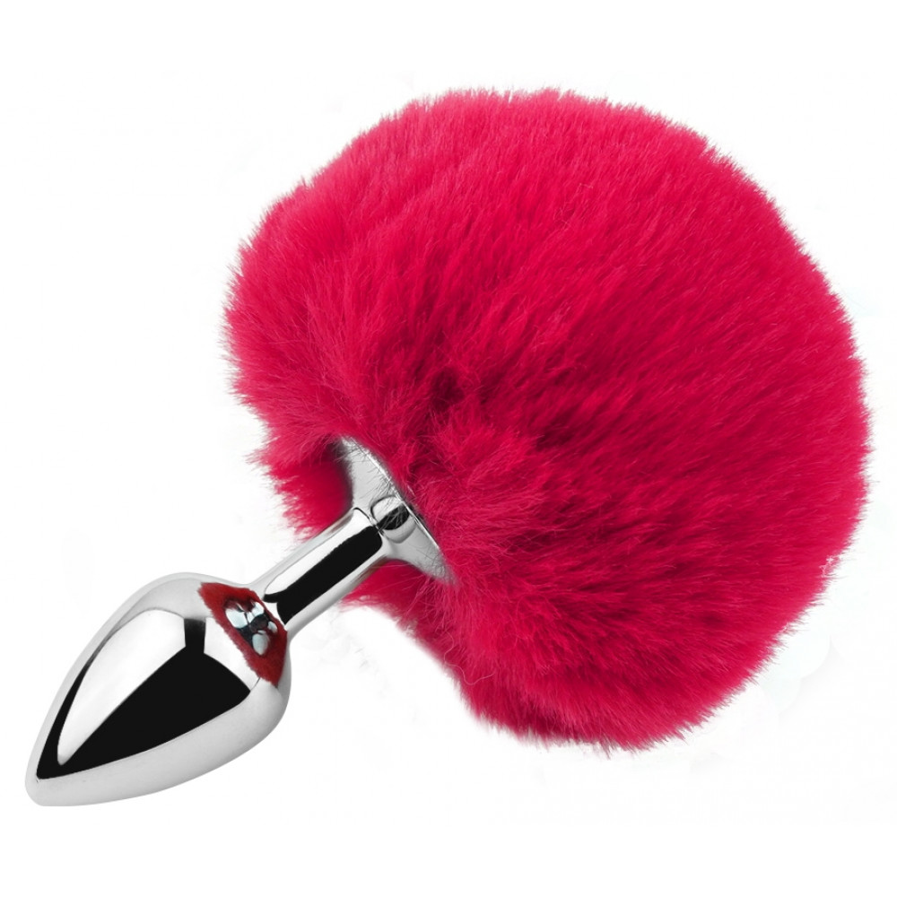 Анальные игрушки без вибрации - Анальная пробка с хвостом EGZO - Bunny Tail Silver Plug Crimson, size S