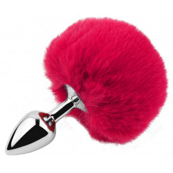 Анальная пробка с хвостом EGZO - Bunny Tail Silver Plug Crimson, size S