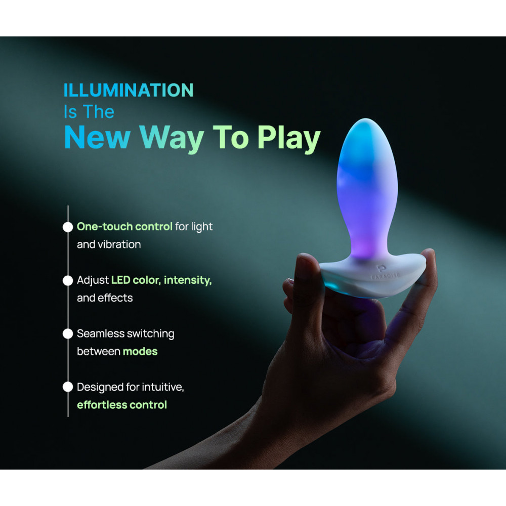 Анальные игрушки без вибрации - Анальная вибропробка с RGB-подсветкой и приложением Illumination The Plug, белая, 10,2 × 3,2 см 4